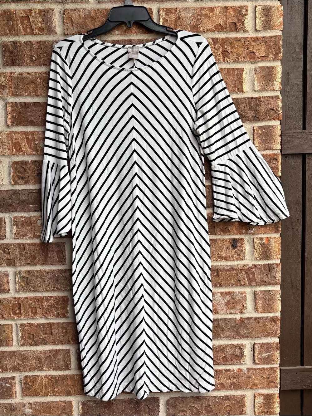 Chico's Black and White Striped Midi Dress with Bell Sleeves